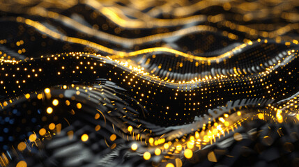 Golden abstract particles flowing to create digital waves of black information