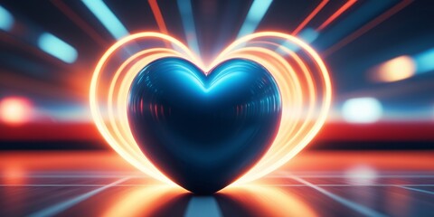 Poster - Light lines and waves, long exposure. Abstract background.  Heart shape. Banner, poster. With copy space