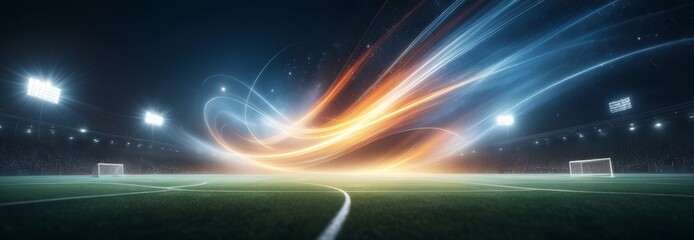 Poster - Soccer stadium with bright abstract flashes of light in the center. Abstract art. Ultra-wide shot. Banner, poster, background. With copy space. Football theme. 