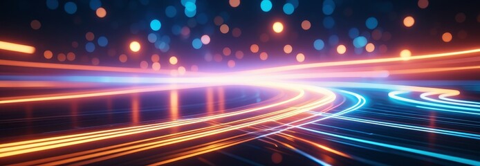 Poster - Light lines and waves, long exposure. Abstract background. Banner, poster. With copy space