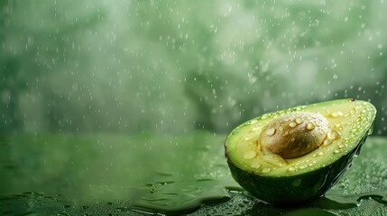 Wall Mural - Fresh cut avocado with drops of water on a green background with copy space, concept of healthy food, organic life. Generative AI