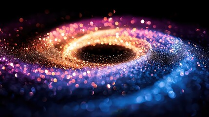 Wall Mural - A vibrant digital art depiction of a black hole surrounded by a glowing accretion disk with glittering light effects