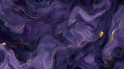 Wall Mural - A digital illustration of fluid marble with swirls of purple, violet hues, and glistening gold veins