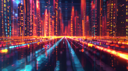 Poster - Embracing the digital age with colorful binary code forming buildings and streets