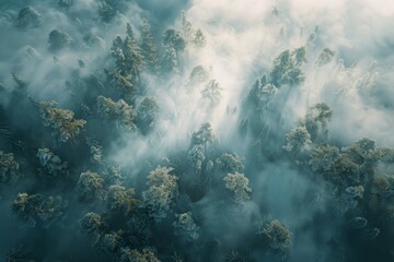 Poster -  Fog in  Forest Aerial view Generative AI