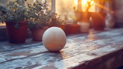 Wall Mural - A white ball sits on a wooden table next to a potted plant