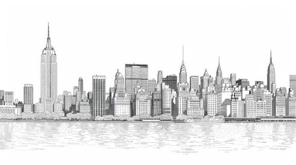 A finely detailed black and white illustration of New York City's iconic skyline, featuring major landmarks and skyscrapers