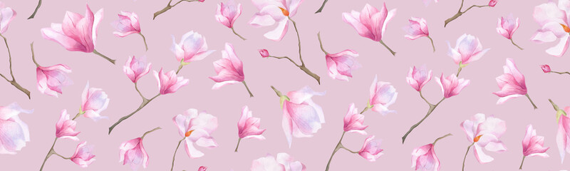 Watercolor seamless magnolia pattern For floral lilac print wrapping wallpaper textile pink pastel beauty decoration Women's day design Background Scrapbooking Botanical ornament Spring flower