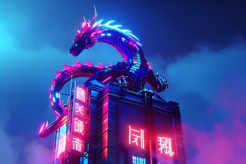 Wall Mural - A sleek cyber-dragon perched atop a neon-lit skyscraper at night