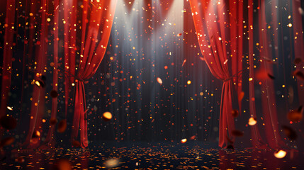 Poster - Luxurious red curtains framing a stage with spotlights and falling confetti