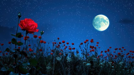 a vivid image of a single red rose standing out amongst wildflowers under a starlit sky with a full 