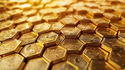 Poster - Golden hexagons in a honeycomb pattern, 3D abstract background