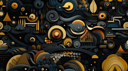 Wall Mural - A seamless geometric pattern of shapes on a black background.