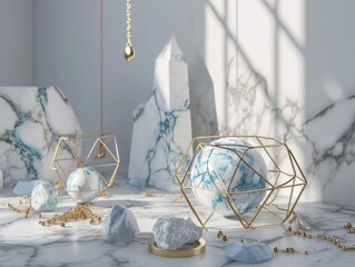 Wall Mural - A collection of abstract blue, gold and white geometric shapes arranged on a neutral background.