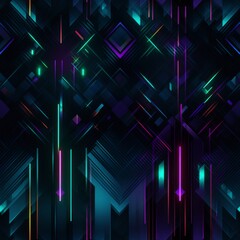 Wall Mural - Dark Seamless pattern of blue, purple, and yellow lights on a black background with glitch effect