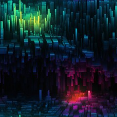 Poster - Dark Seamless pattern of blue, purple, and yellow lights on a black background with glitch effect