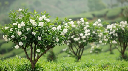 Wall Mural - The tea plantation s tea trees are flowering abundantly