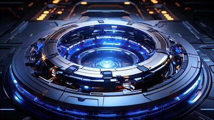 Poster - Close-up of a futuristic, illuminated circuit board with glowing blue and orange lights, showcasing a central interface surrounded by intricate electronic components