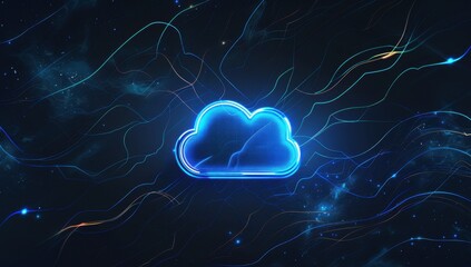Canvas Print - cloud technology background with blue glowing digital lines and cloud icon on black Generative AI