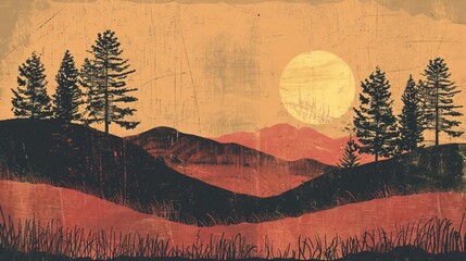 Wall Mural - An artistic representation of a sunset with silhouetted trees against a textured background, featuring warm earthy tones