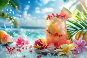 Wall Mural - A glass of watermelon juice with ice and fruit placed on a table