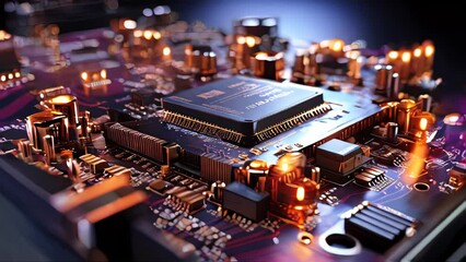 Poster - Close-up of electronic circuit board with glowing lights. Technology background