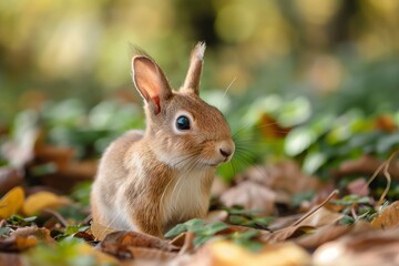 A brown rabbit sits alert amongst fallen autumn leaves, blending naturally with the seasonal colors