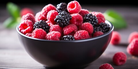A bold, crisp image of ripe raspberries and blackberries in a dark bowl, evoking freshness and health