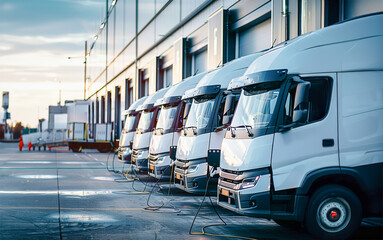 A fleet of company electric cars charging at fast charger station located at a logistics center