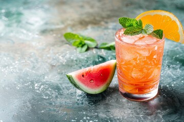 Wall Mural - Watermelon juice with ice and a slice of watermelon on a table