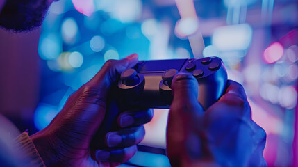 Fototapete - controller in man's hands playing video games in living room with rgb lights