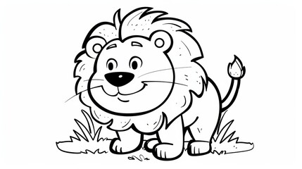 Wall Mural - A cartoon lion is standing in the grass coloring page, AI
