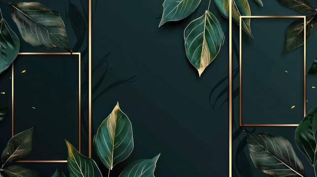 A set of linear design templates with copy space for text and leaves for wedding invitation backgrounds and frames, social media stories wallpapers, and golden frames inspired by Art Deco