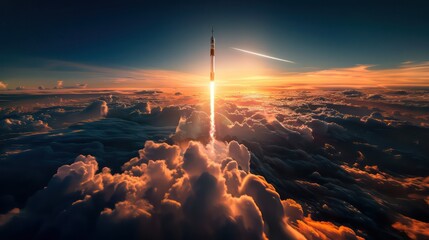 A SpaceX rocket is seen launching into the sky above a layer of clouds, showcasing a powerful and dynamic moment in space exploration