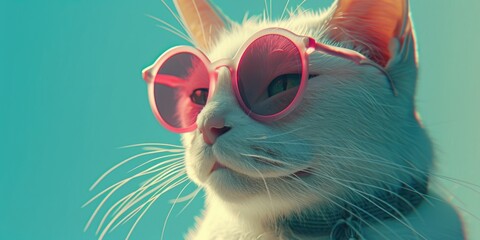 A cute white cat wearing trendy pink sunglasses against a bright blue background, great for casual designs and fun projects