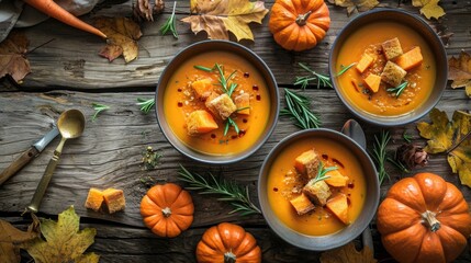 Wall Mural - Three bowls of soup sitting on a wooden table surrounded by pumpkins, perfect for fall or harvest themed images