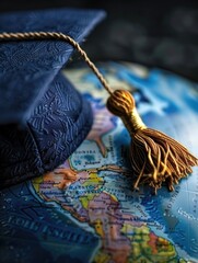 Wall Mural - A graduation cap placed on top of a globe, ideal for representing academic achievements and global perspectives