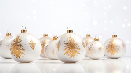 A collection of white and gold Christmas ornaments