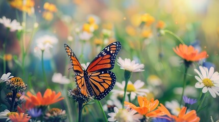 Wall Mural - Monarch Butterfly Resting on a Flower in a Meadow