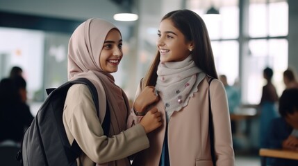 Wall Mural - Two young women standing side by side, possibly friends or family members