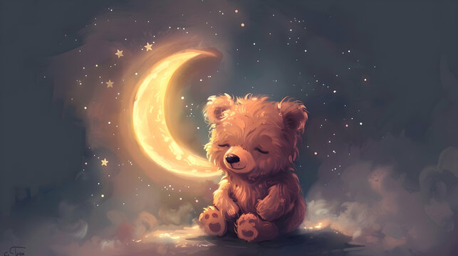 a teddy bear with a black nose and eye sits on the moon, with one ear visible