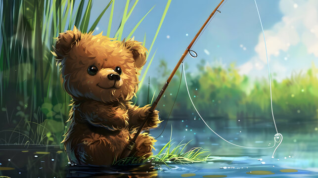a brown teddy bear with black eyes and a black nose sits in the water holding a fishing rod, with a white cloud in the background