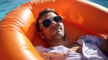 A person is lying down in an inflatable orange raft, enjoying the water and sunshine