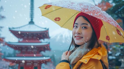 Wall Mural - A woman wearing a yellow hat and a fur-lined jacket is standing on a snowy mountain. She is looking out at the beautiful landscape and she is enjoying the view