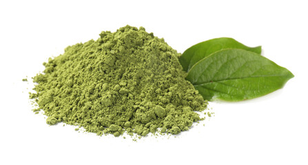 Sticker - Pile of green matcha powder and leaves isolated on white