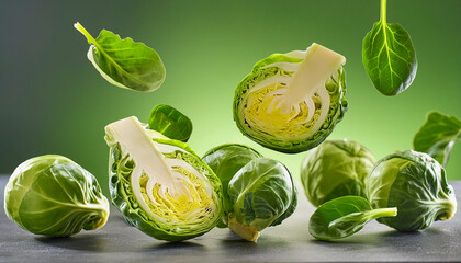 Wall Mural - Photograph of brussels sprouts cut in the air