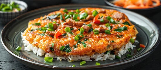 Wall Mural - A plate of food with rice and vegetables. The plate is on a wooden table. The food looks delicious and appetizing