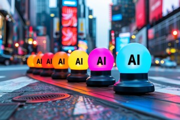 Poster - AI Robots with Colorful Hats on City Street, Urban Technology, Artificial Intelligence in Everyday Life, Bright Cityscape, Modern Robotics