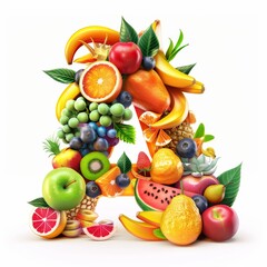 Typography of the letter A crafted from fresh fruit. Fruits and vegetables. Easy to remove background. Creative and healthy concept.