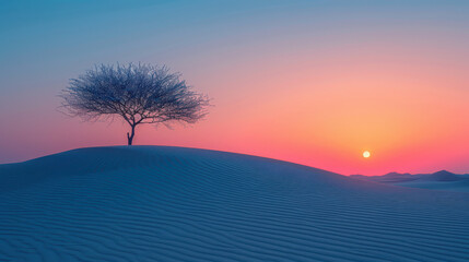 Wall Mural - lone tree on desert sand dune at dawn created with Generative AI technology